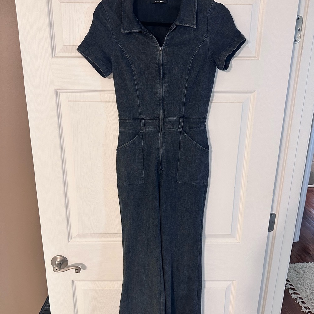 Vici Blue Denim Jumpsuit with Collar and Zipper